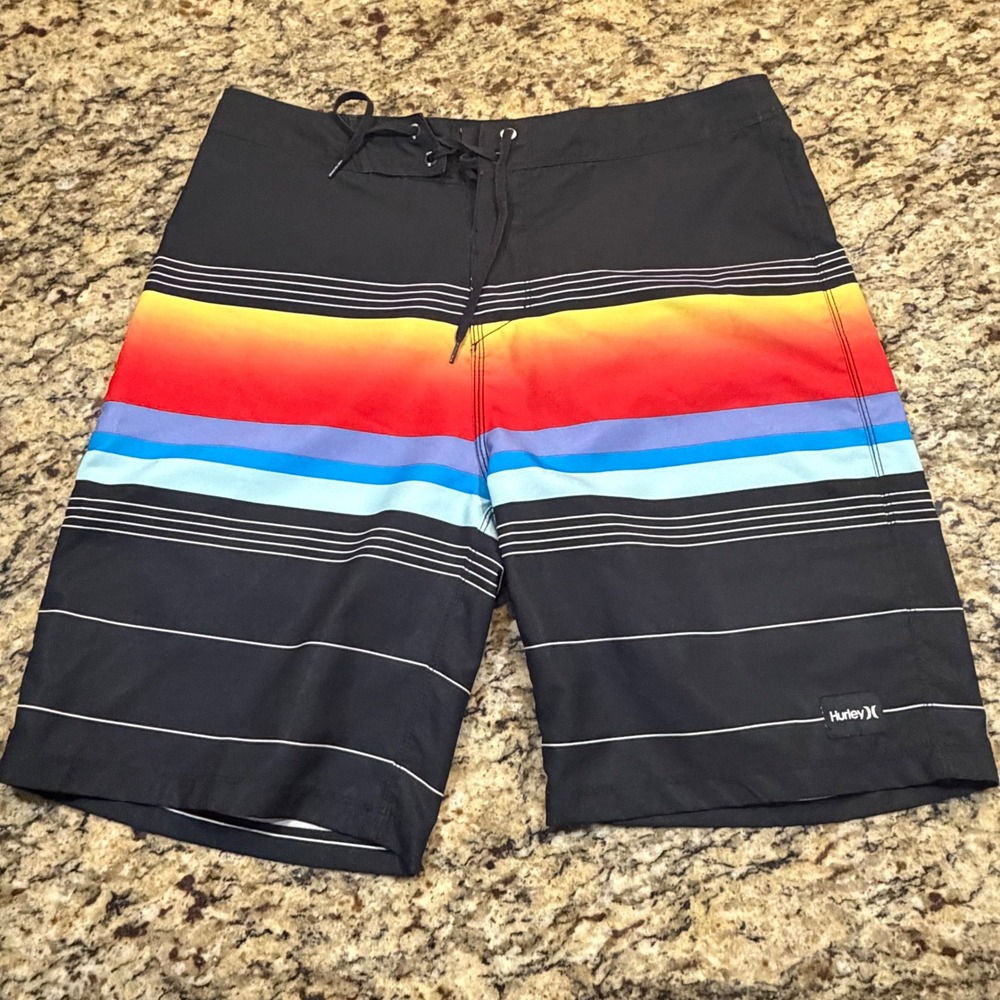 Hurley Mens Board Shorts Size 30 Black Sunset Gradient Stripe Swim Trunks Surf
